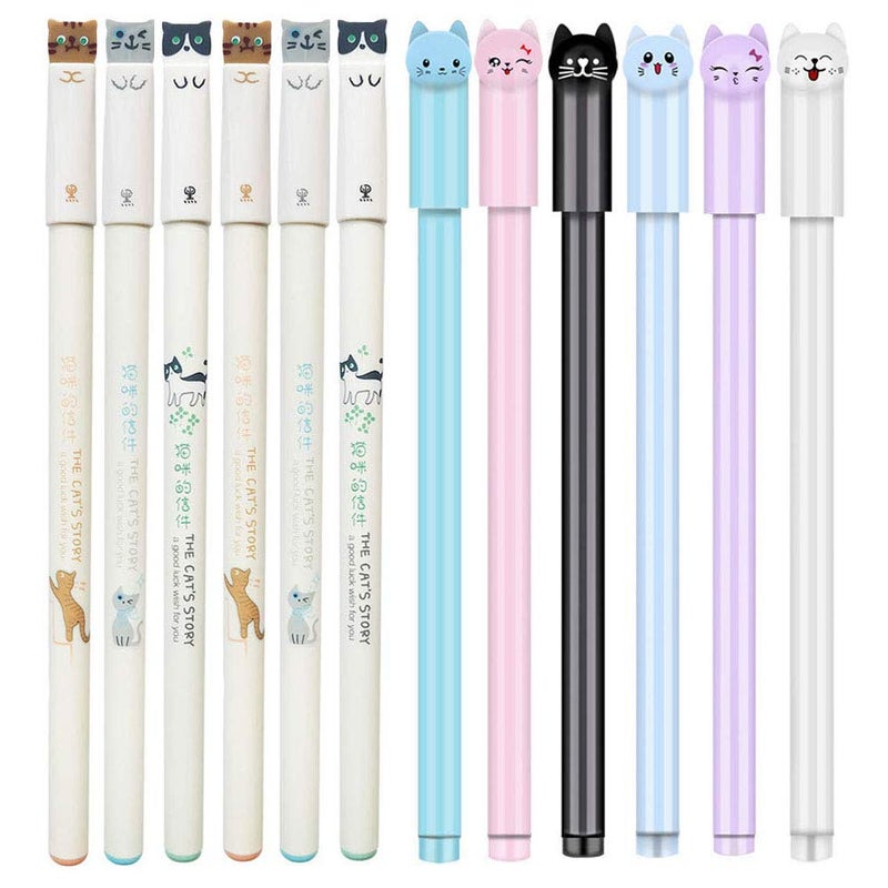 Sencoo 12 Pieces Black Cute Cat Pen Gel Pens Ball Point Pens for School Office Supplies - Image 1